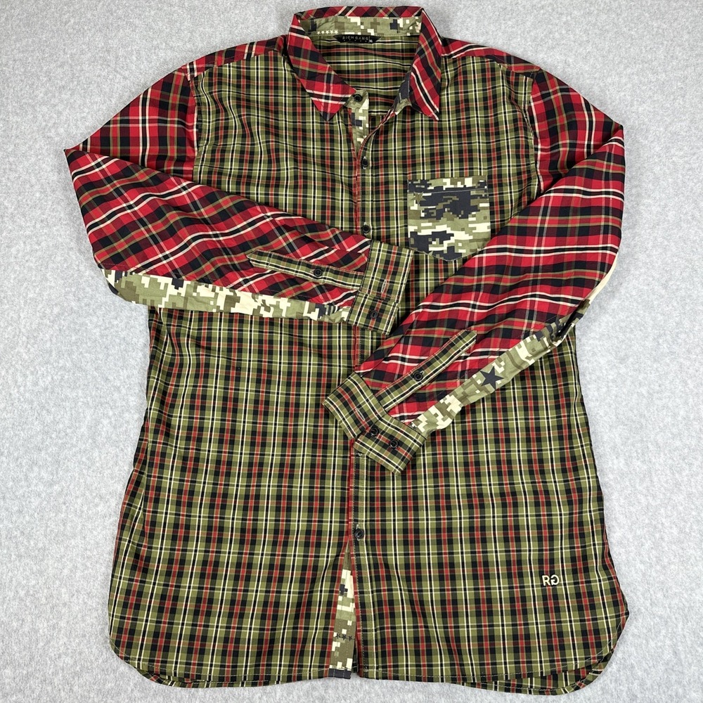 Vintage Rich Gang Button Up Camo Accent Plaid Shirt Size Large RARE
